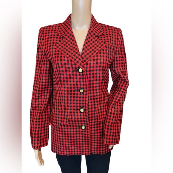 Vintage GIVENCHY Boutiques Blazer Single Breasted Red Black Houndstooth Wool 36 - Picture 2 of 15